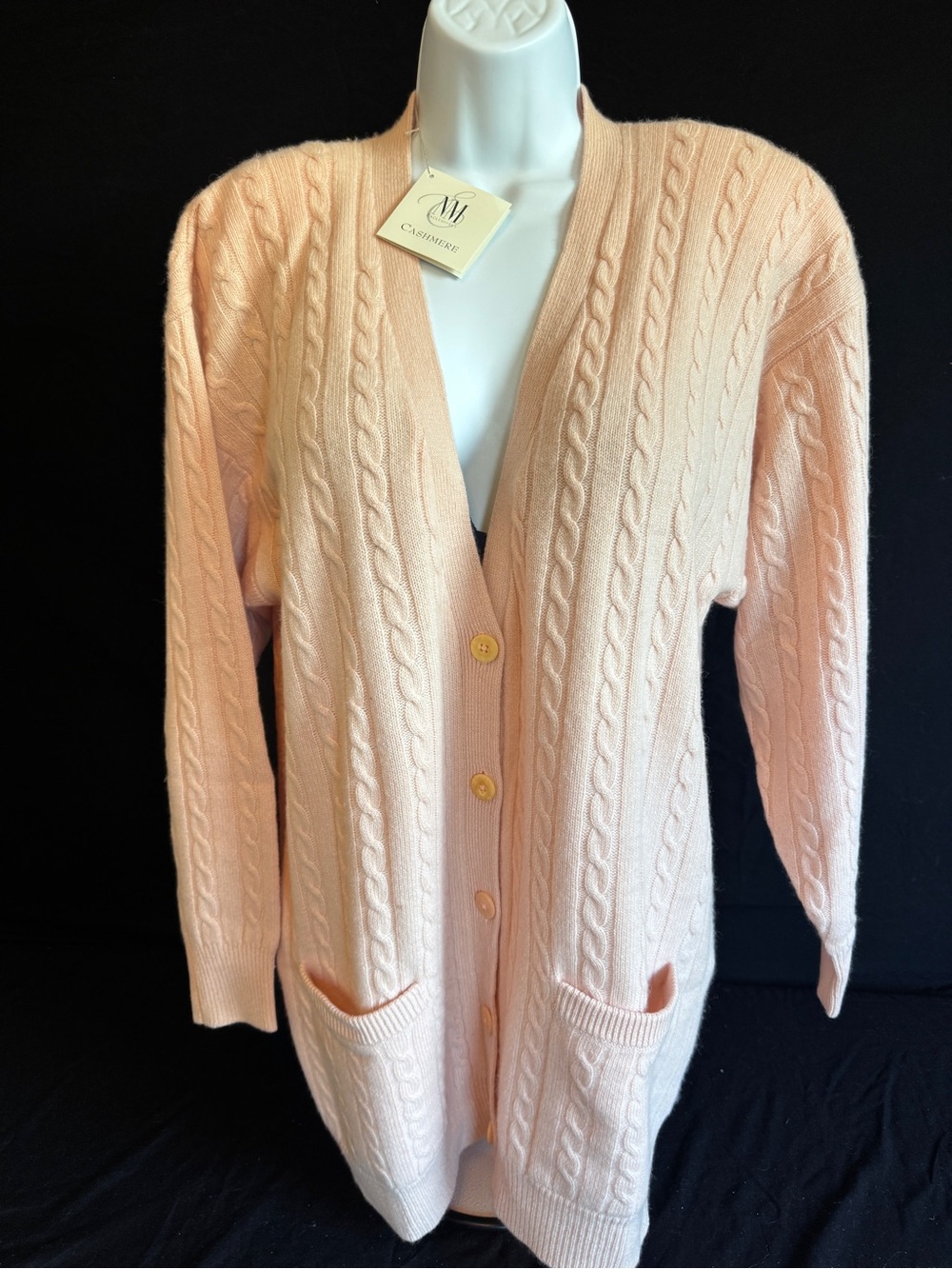 Neiman Marcus Peach Cable-Knit Cashmere Cardigan
